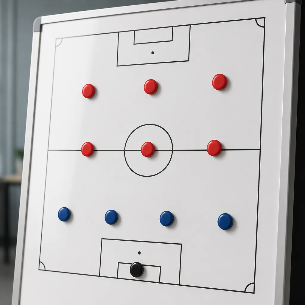 Close up of a football tactical whiteboard with 4-3-3 formation markings, soft i