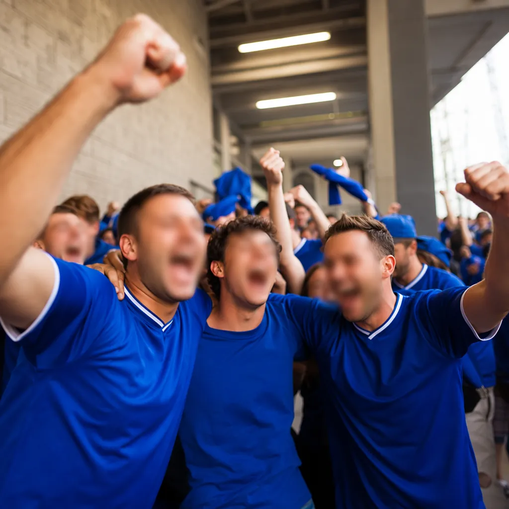 Group of football fans wearing plain blue jerseys cheering in a stadium concours
