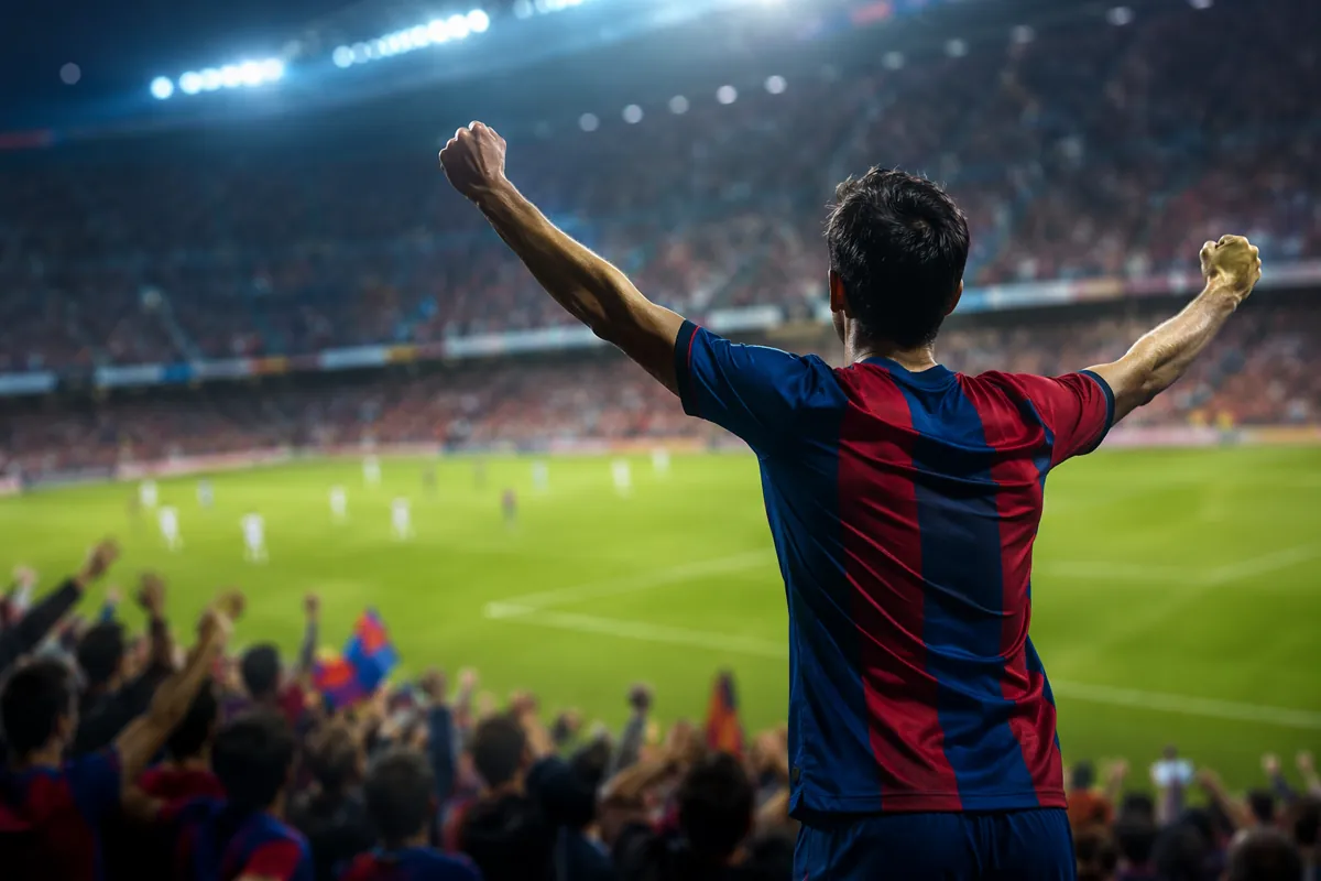 Professional sports news header image, blurred football stadium background with bright sta