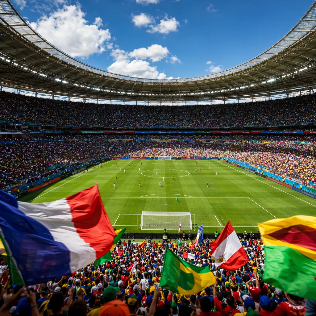Wide shot of a modern World Cup football stadium during a match, green pitch, co