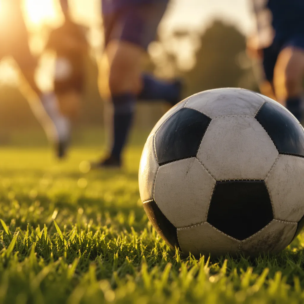 Close up shot of a football on green grass pitch, blurred background of players