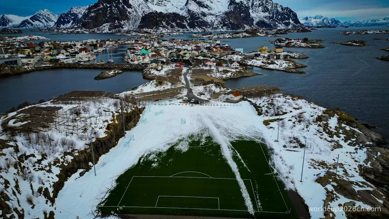 an aerial view of a soccer field in the snow