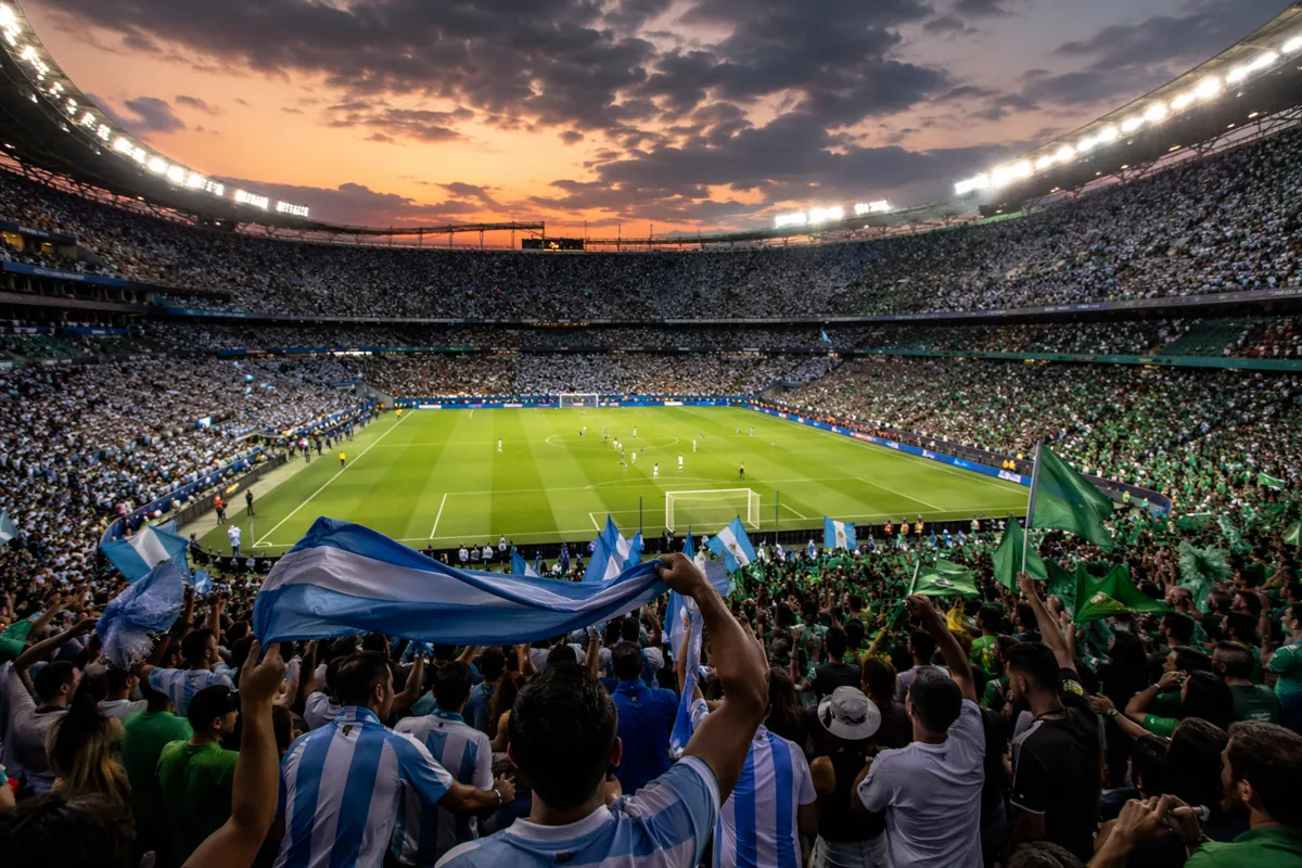 Wide shot of a packed world cup football stadium at dusk, bright floodlights illuminating