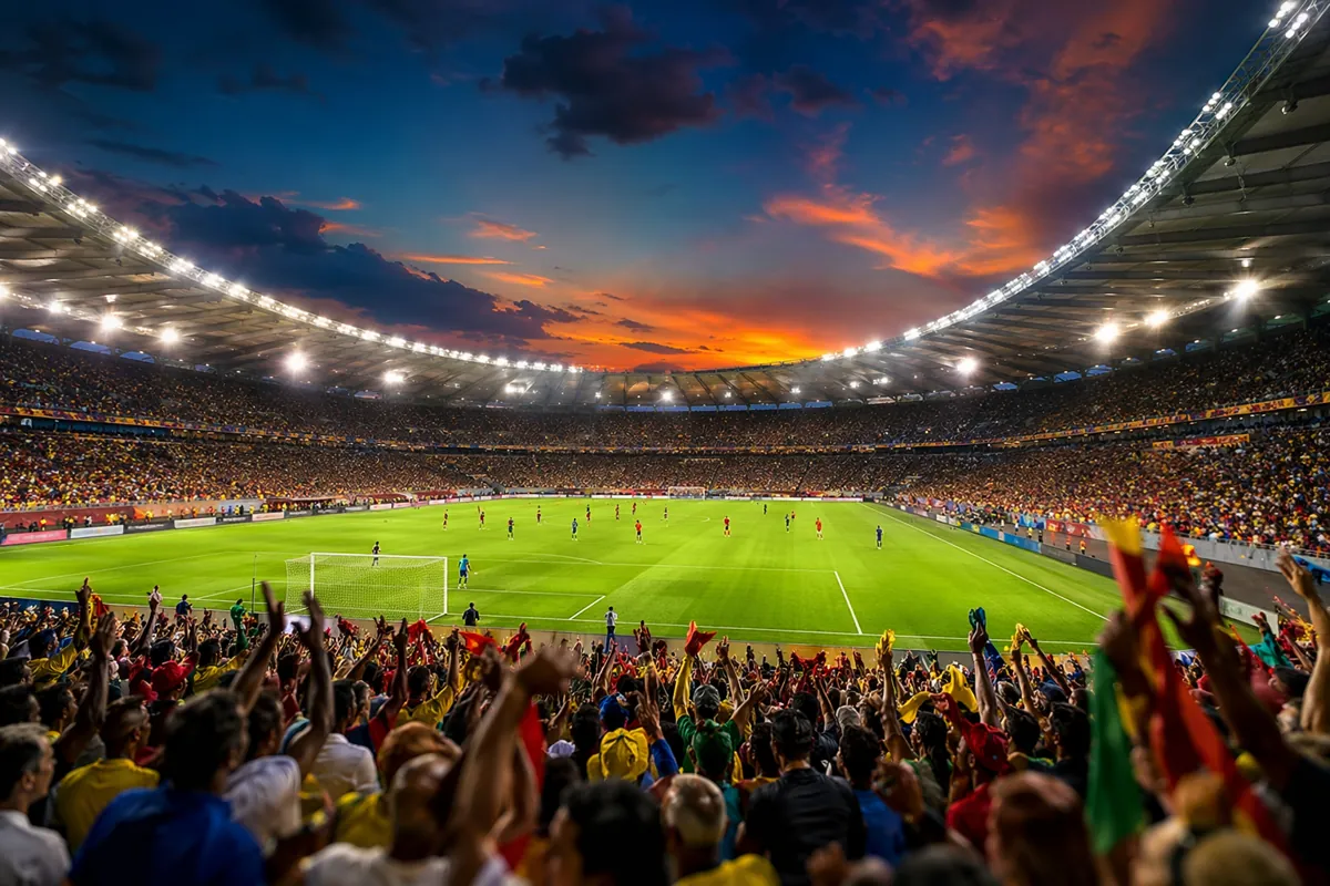 Wide shot of a professional soccer stadium at dusk, bright floodlights illuminating the gr