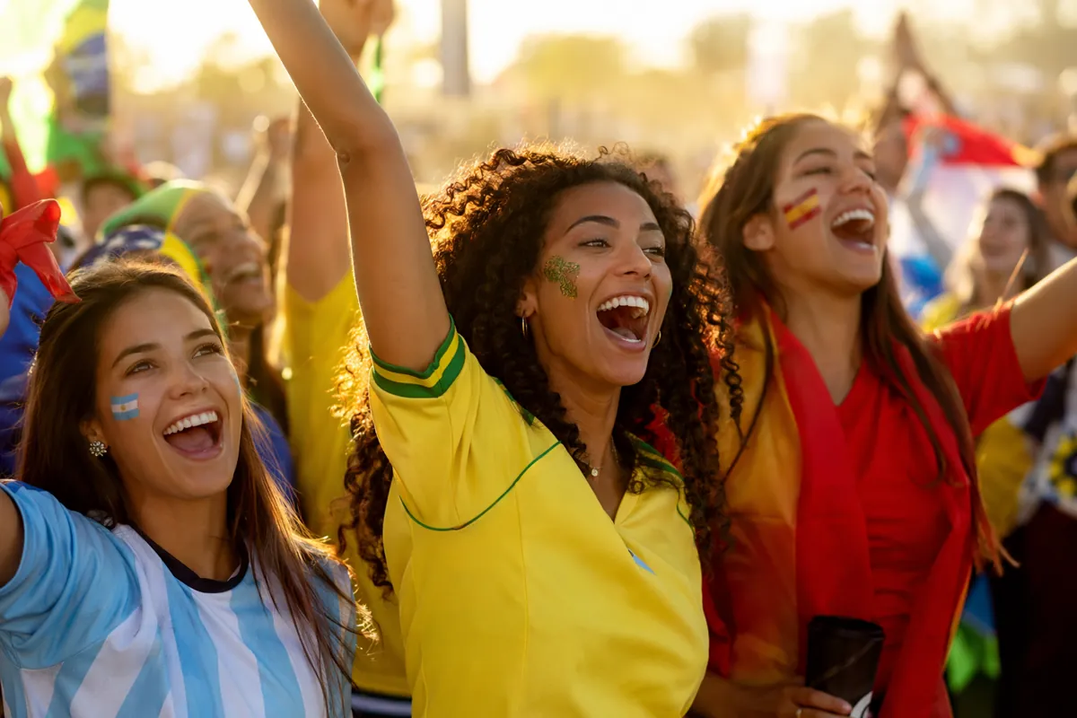 Vibrant wide shot of diverse female football fans cheering in a World Cup fan zone, wearin