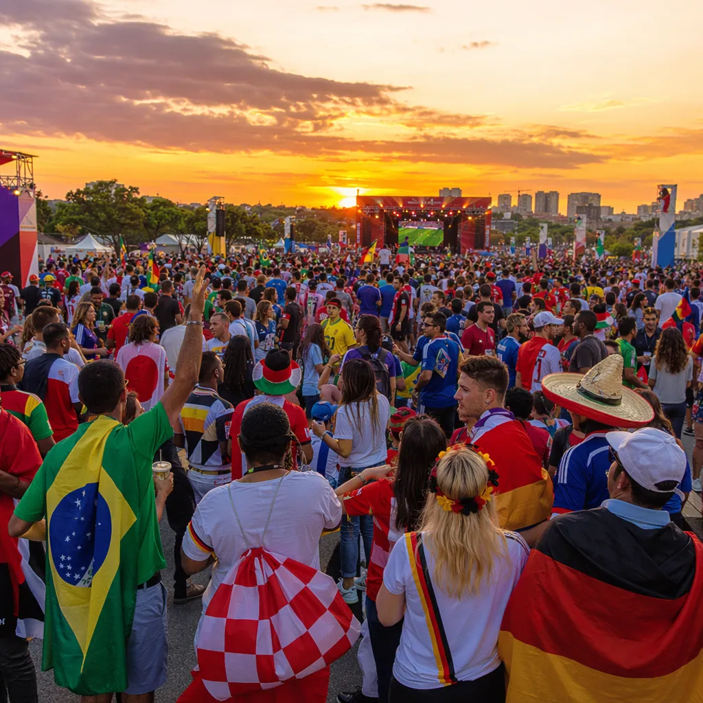 Wide shot of a crowded World Cup fan zone with fans of different nationalities g