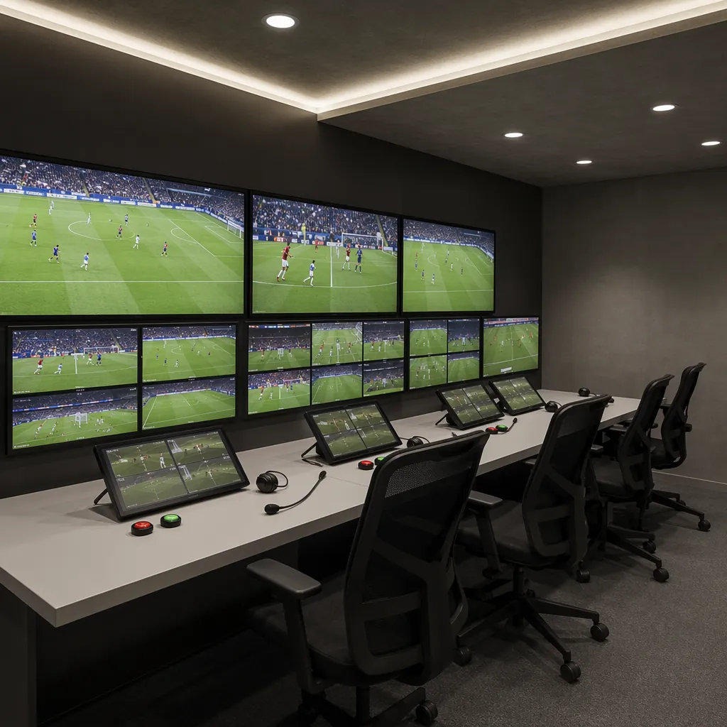 VAR operation room with multiple screens showing football match footage, empty s