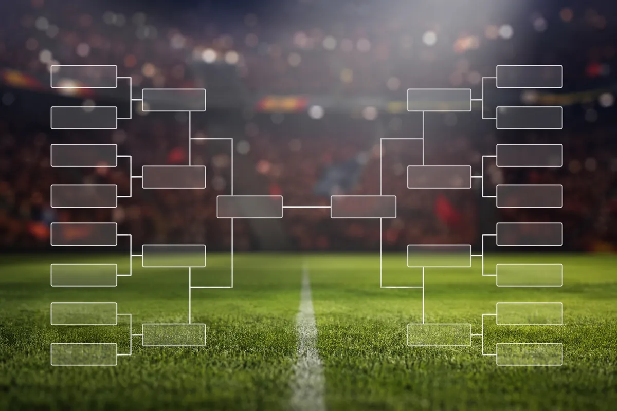 Professional editorial sports news header, blank world cup knockout bracket graphic overla