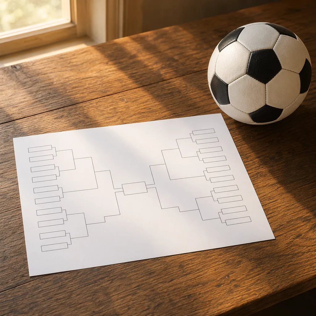 Blank printable world cup match bracket template placed on a wooden table, class