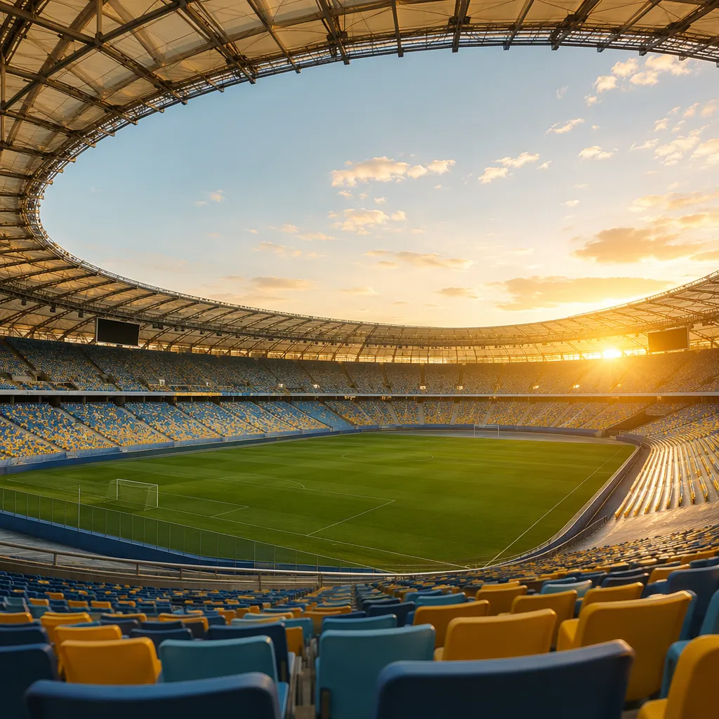 Wide shot of a modern world cup football stadium at golden hour, empty colorful