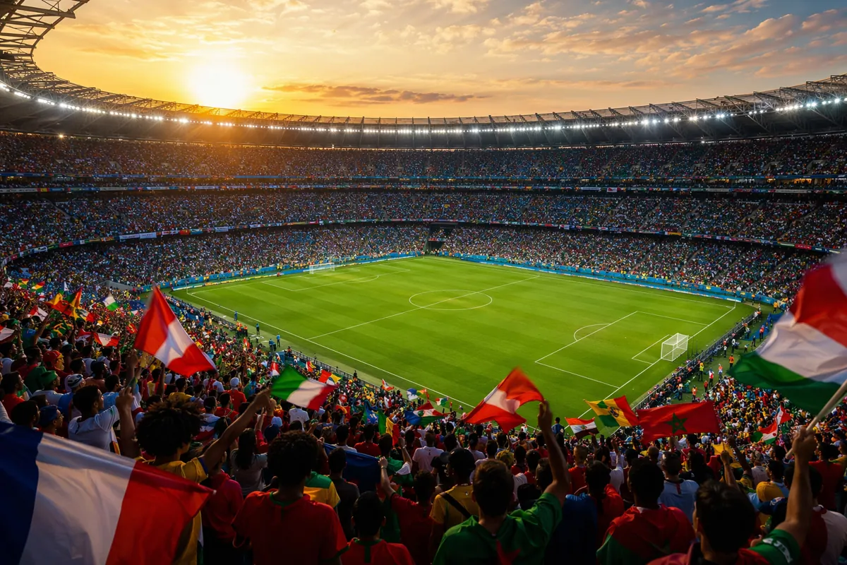Wide shot of a packed FIFA World Cup stadium at golden hour, fans waving generic national