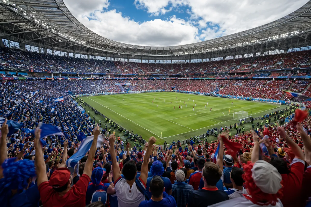 Wide shot of a vibrant FIFA World Cup football stadium filled with cheering fans, blue and