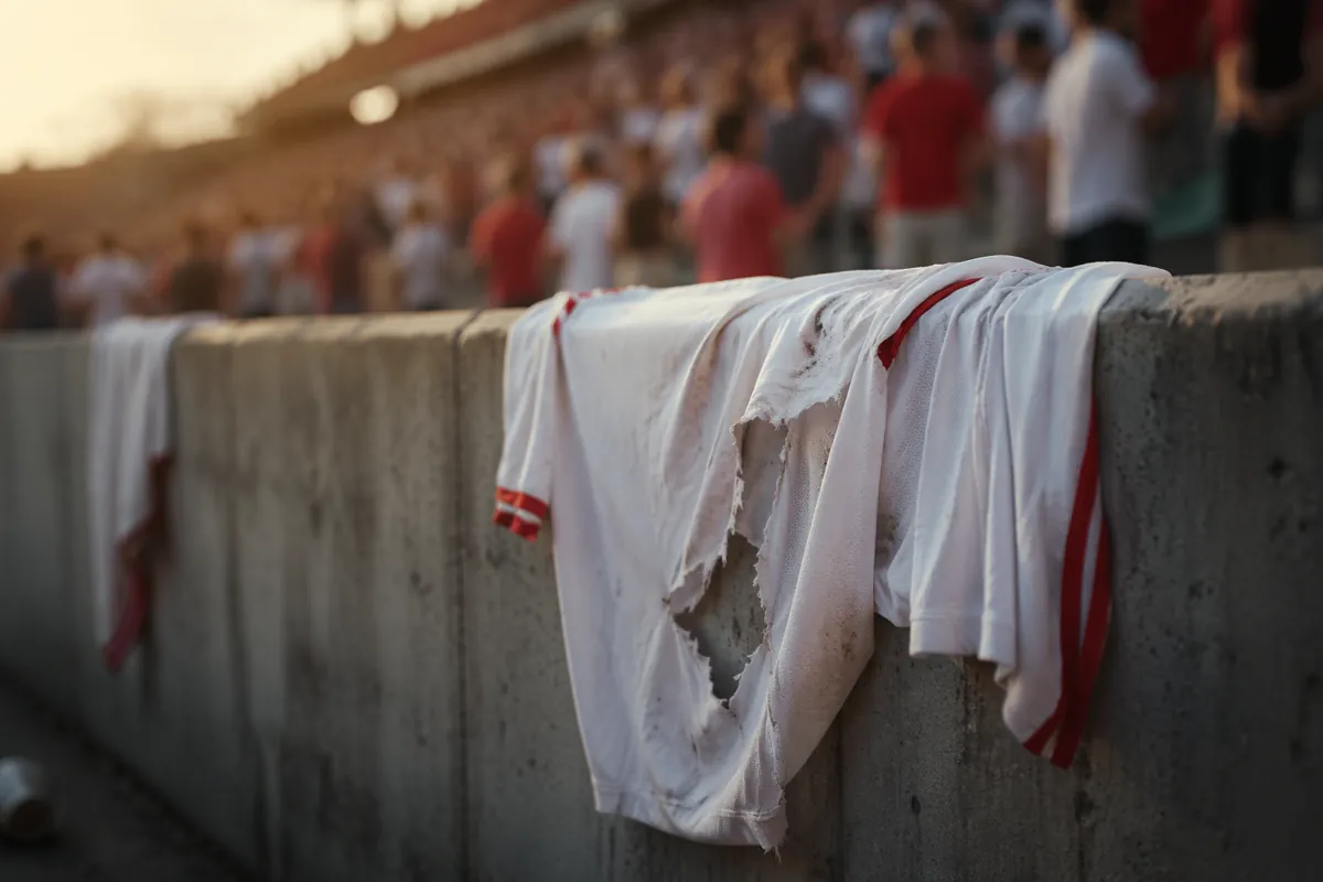 Editorial photojournalism shot of a torn plain football jersey draped over a stadium barri