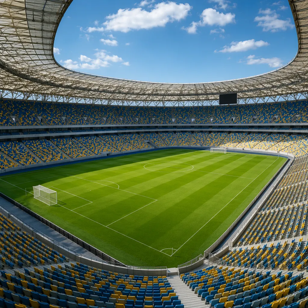 Wide shot of a modern empty football stadium interior, green pitch and colorful