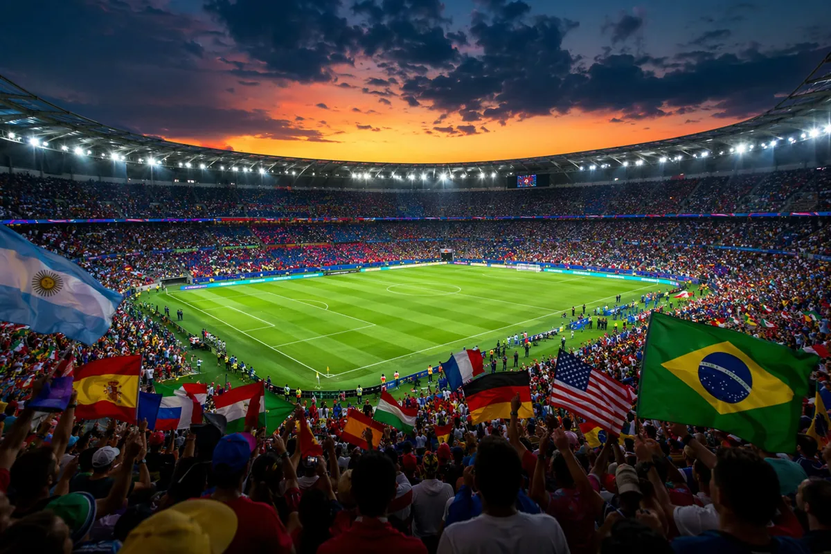 Wide shot of a generic modern football stadium at dusk, filled with cheering fans holding