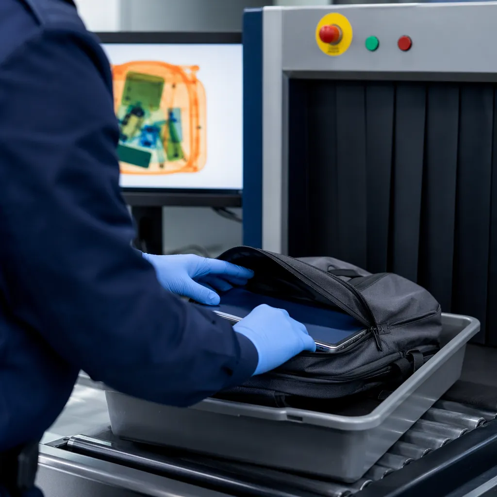 Close up of a security x-ray machine scanning a backpack, hands of a security of