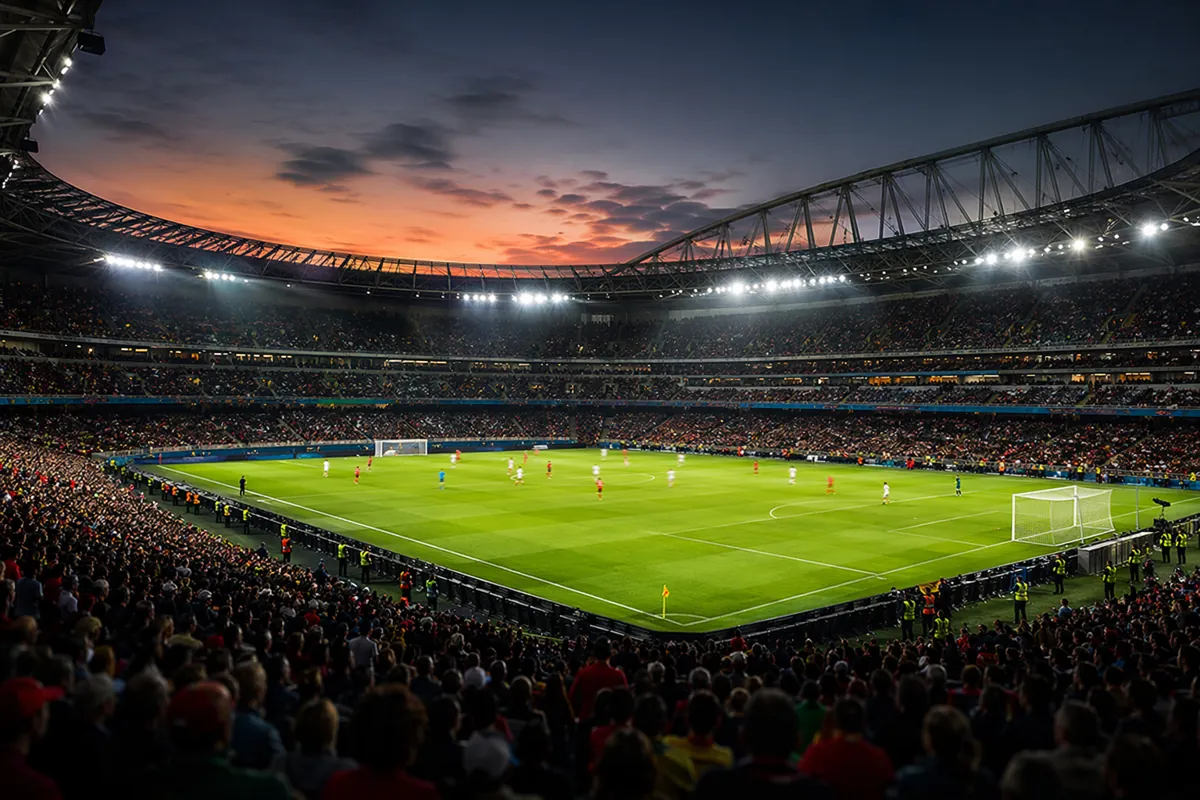 Wide shot of a modern professional football stadium at dusk, bright stadium floodlights il