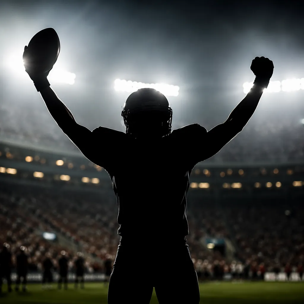 Silhouette of a football player celebrating with arms raised against bright stad