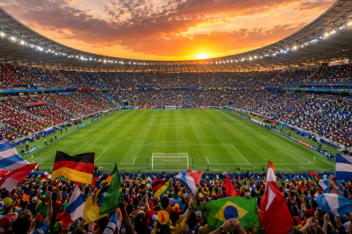 Wide shot of a packed World Cup football stadium at sunset, with vibrant fan flags waving,