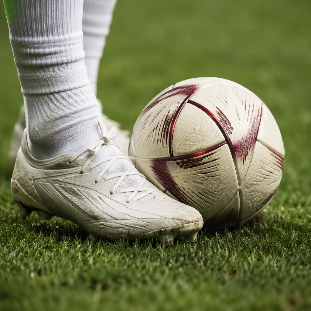 Close up shot of football boots and a World Cup match ball on a green grass pitc