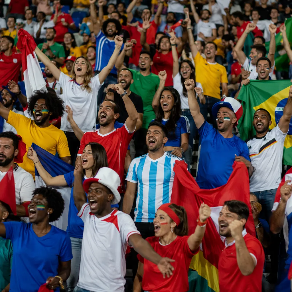 Wide shot of diverse football fans cheering in stadium stands, wearing colorful