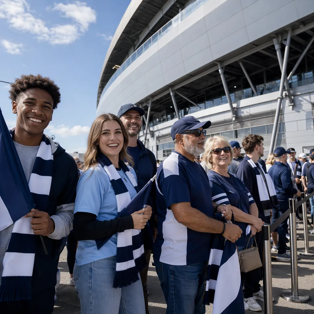 Wide shot of diverse football fans waiting in line outside a modern stadium entr