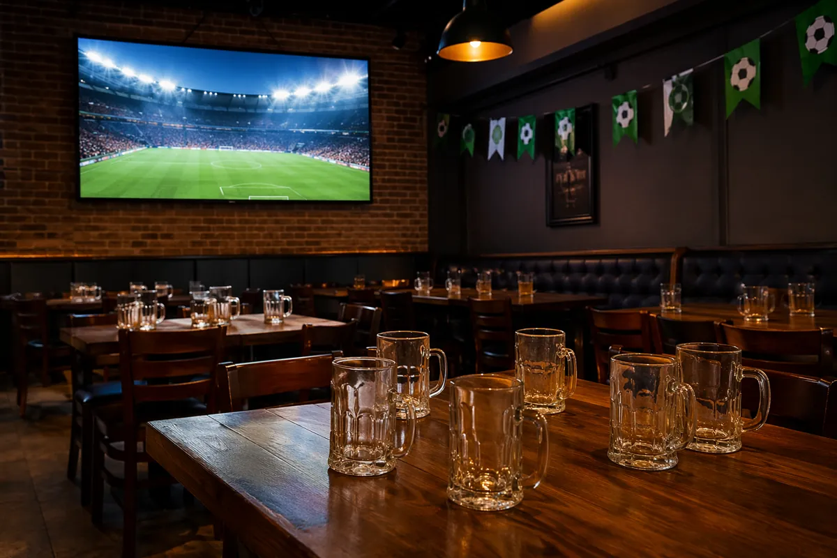 Empty sports bar with big screen showing generic football match graphics, rows of empty be
