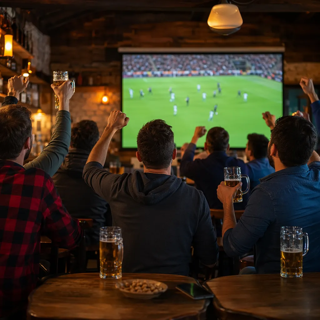 Group of casual football fans watching match on big screen at small cozy bar, ch