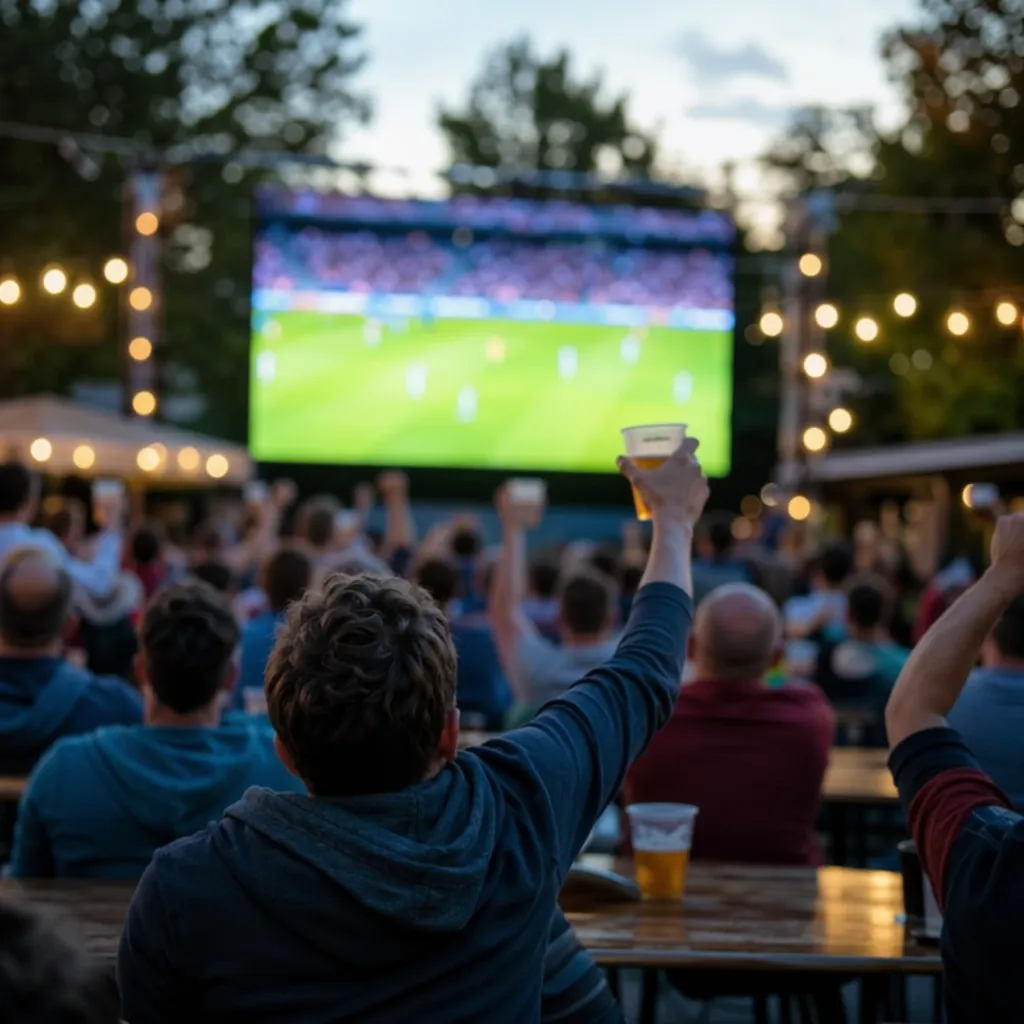 Blurred shot of football fans watching a match on a big outdoor screen, holding