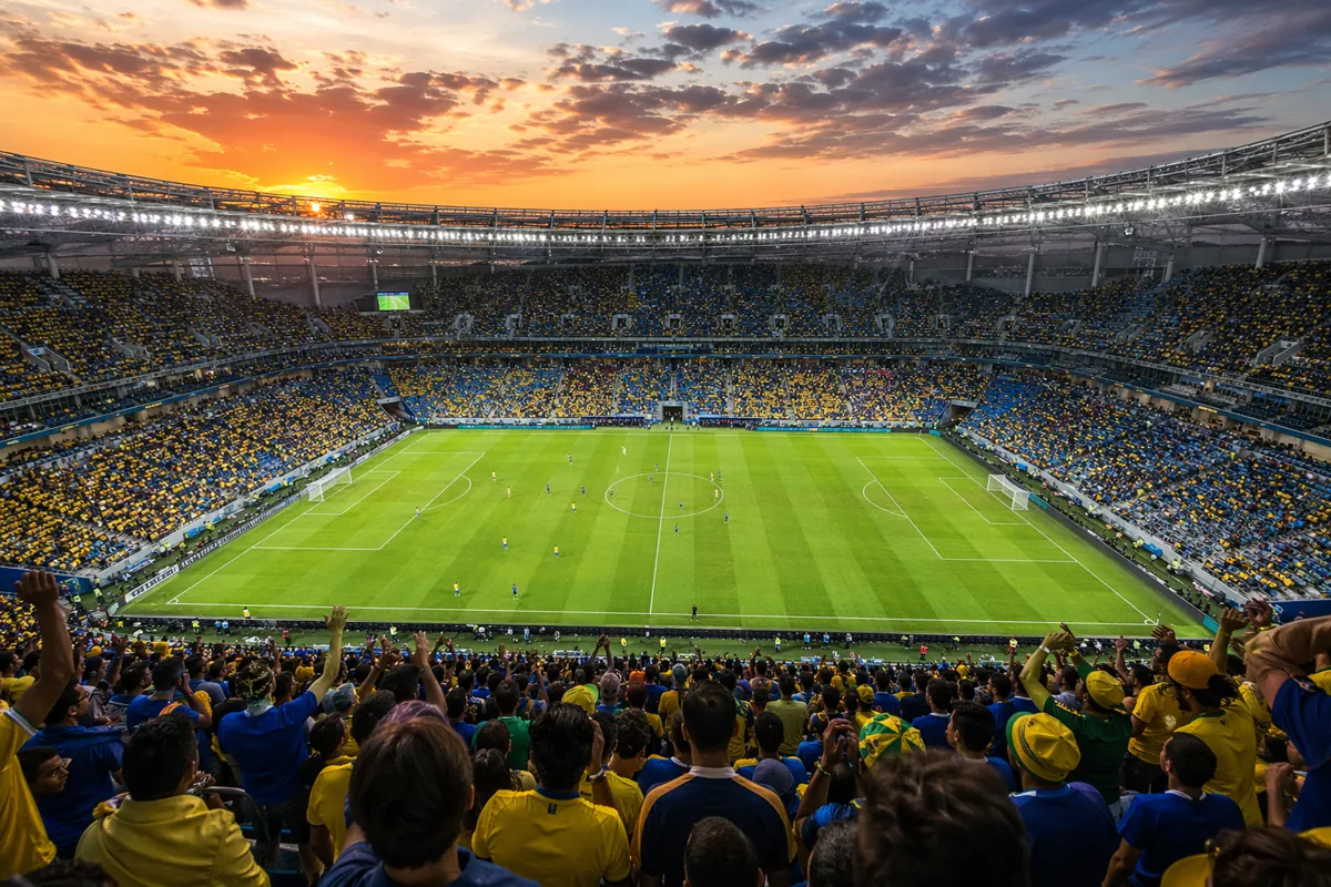 Wide shot of a vibrant World Cup football stadium at dusk, filled with cheering fans weari