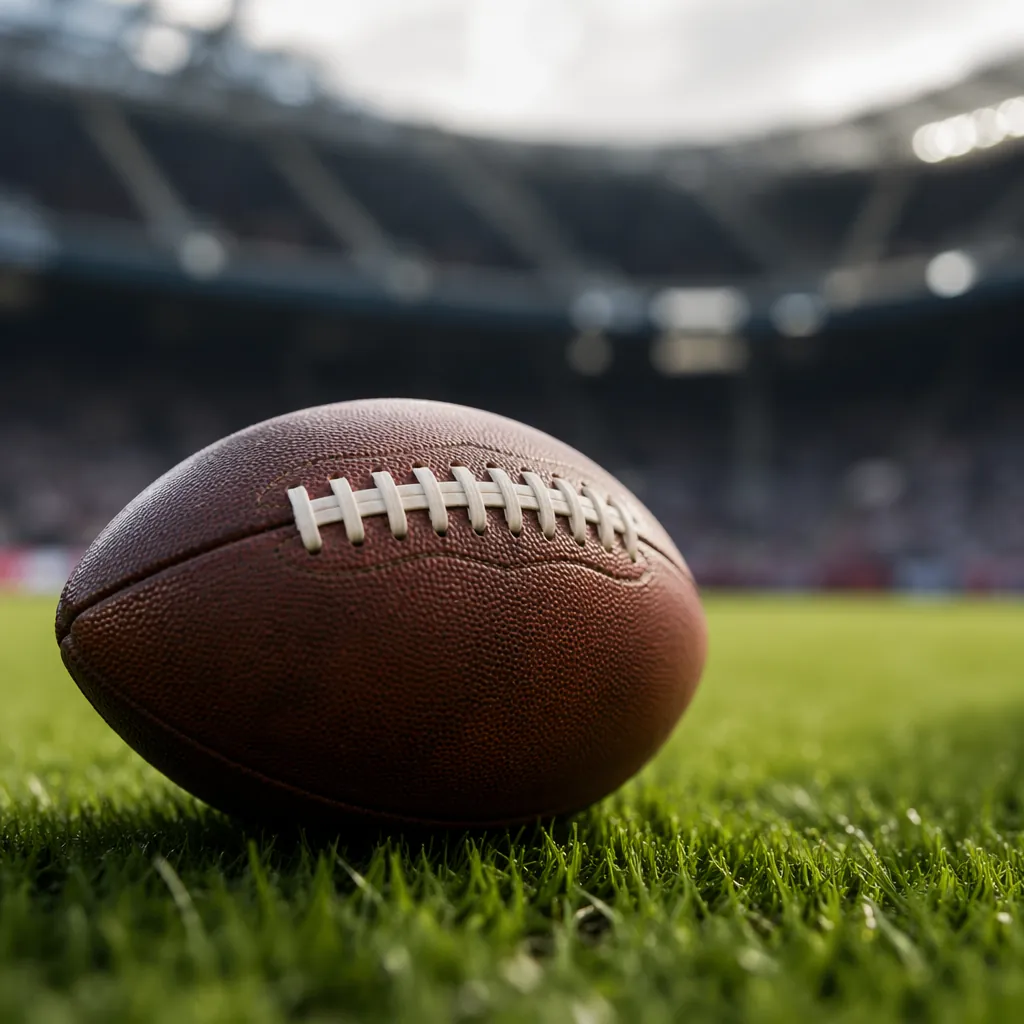 Close up shot of a football resting on a green grass pitch, blurred stadium stan