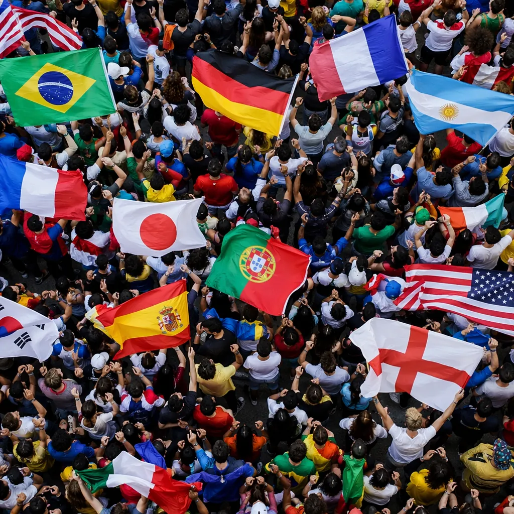 Aerial shot of a diverse group of football fans celebrating together, holding na