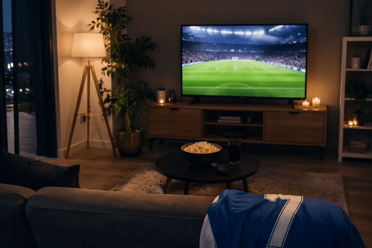 Professional sports editorial photo, cozy living room at night, flat screen TV showing foo