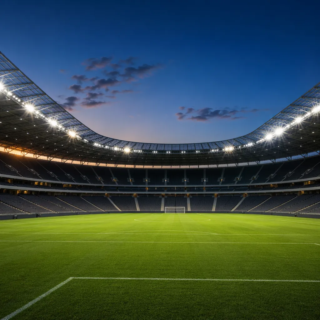 Wide shot of a modern football stadium at dusk, bright floodlights turned on, em