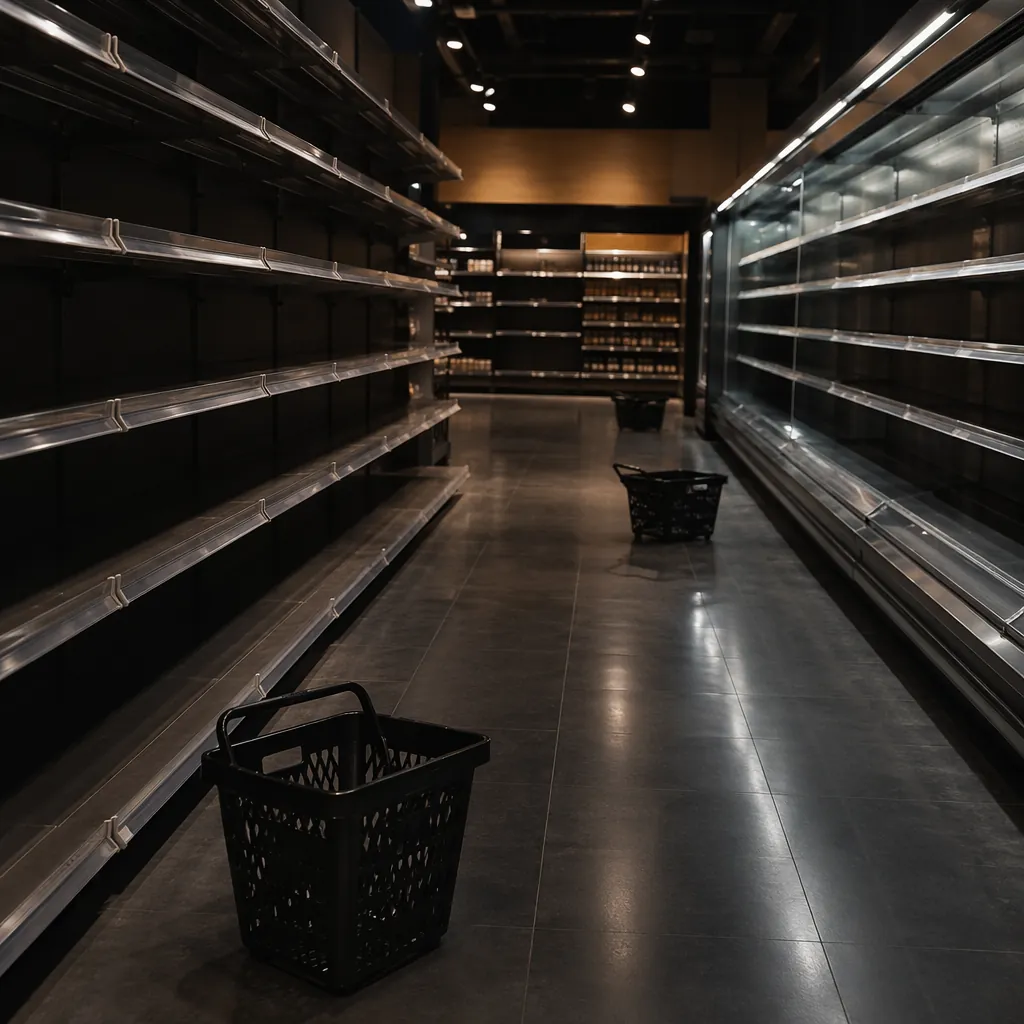 Close-up of empty grocery store shelves late at night, with only a few leftover