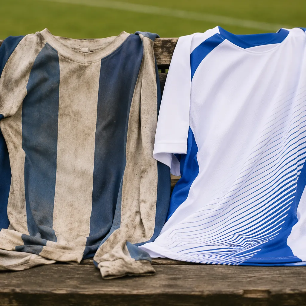 Close up shot of two generic unbranded football jerseys hanging side by side, on