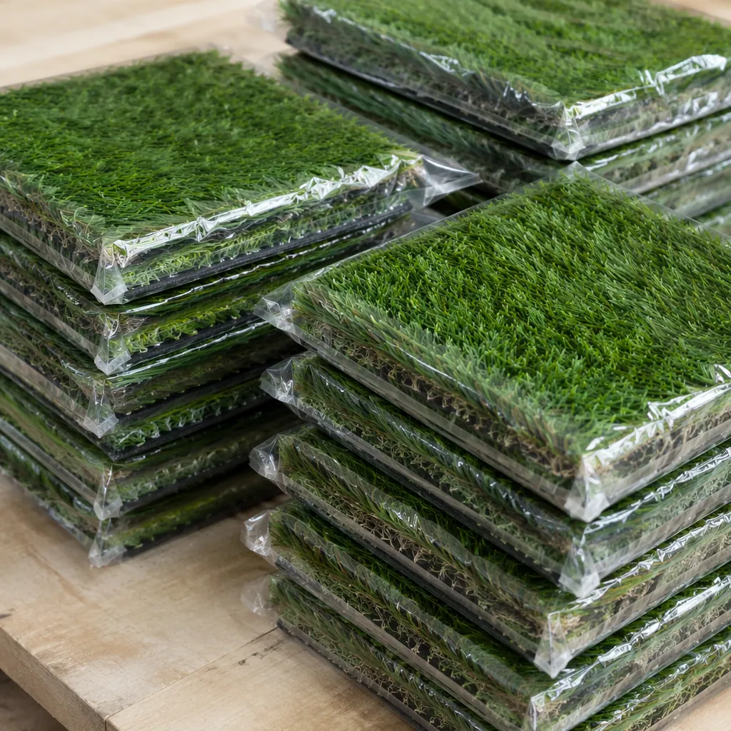 Stacks of neatly packaged small square football turf pieces on a plain wooden su