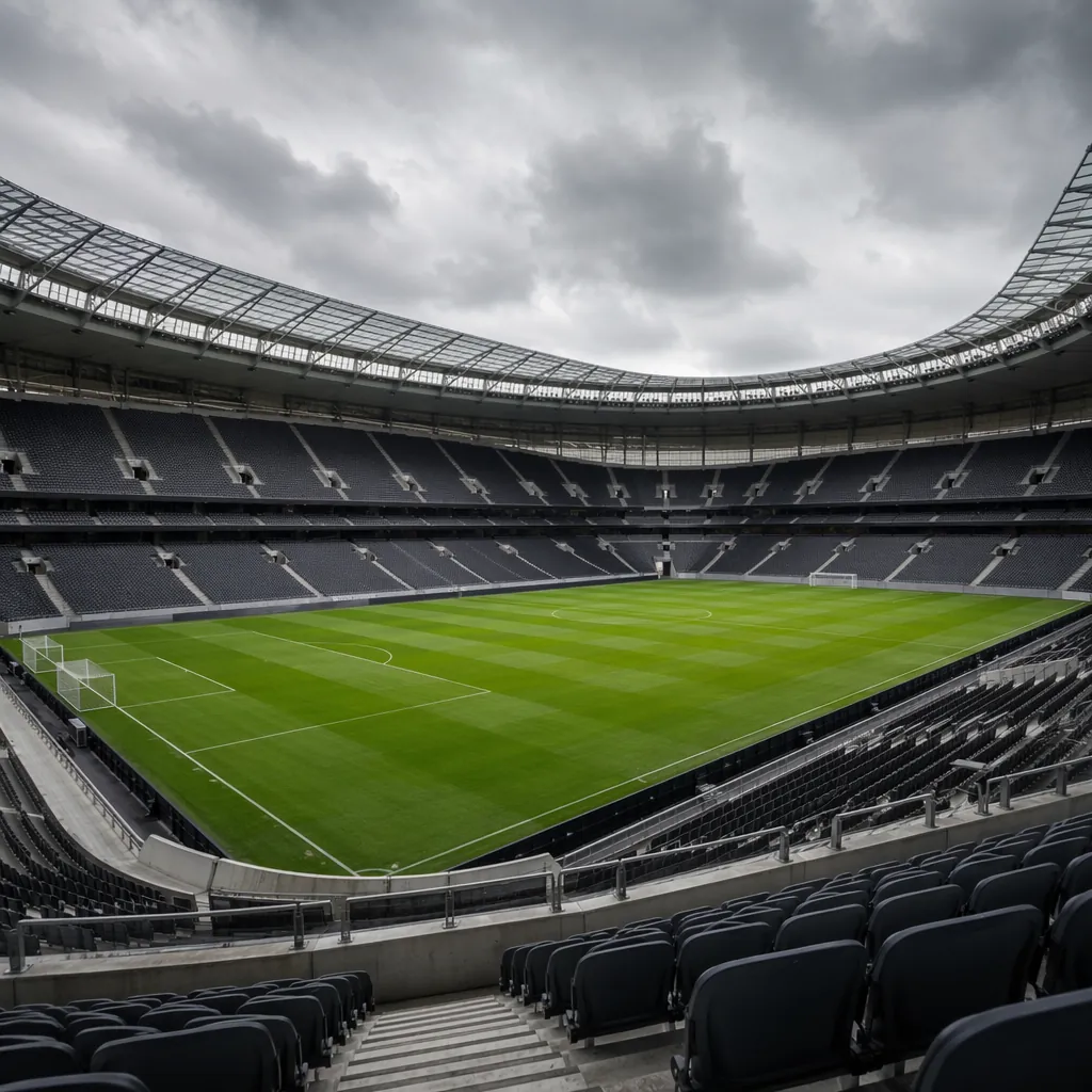 Wide shot of a modern empty football stadium with perfectly trimmed green pitch,
