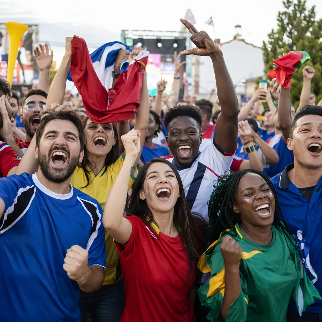 Wide shot of diverse soccer fans celebrating in a public fan zone, wearing plain