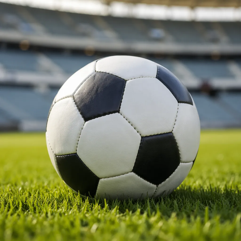 Close up of a generic black and white soccer ball resting on neatly cut green gr