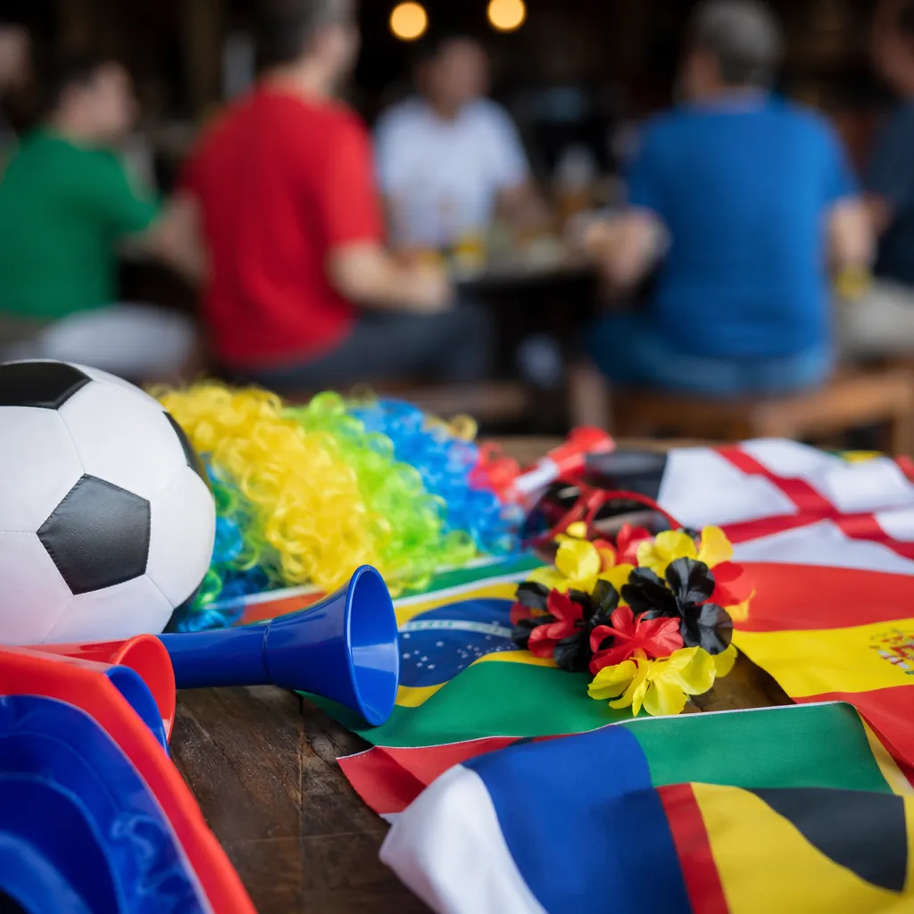 Close up of colorful generic world cup fan merchandise and national flags laid o
