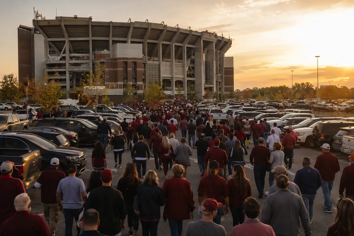 Wide shot of a packed football stadium parking lot at golden hour, with crowds of fans wal