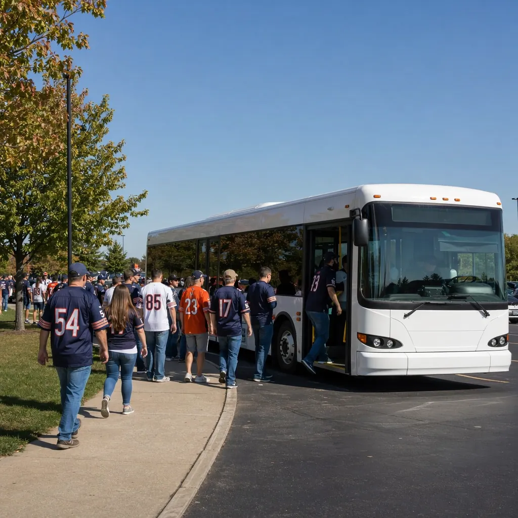 Wide shot of a free football match shuttle bus picking up fans at a suburban par