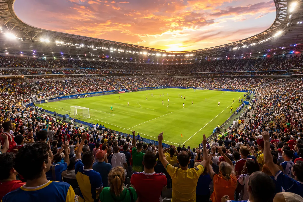 Wide shot of a packed modern World Cup football stadium at sunset, vibrant crowd of cheeri