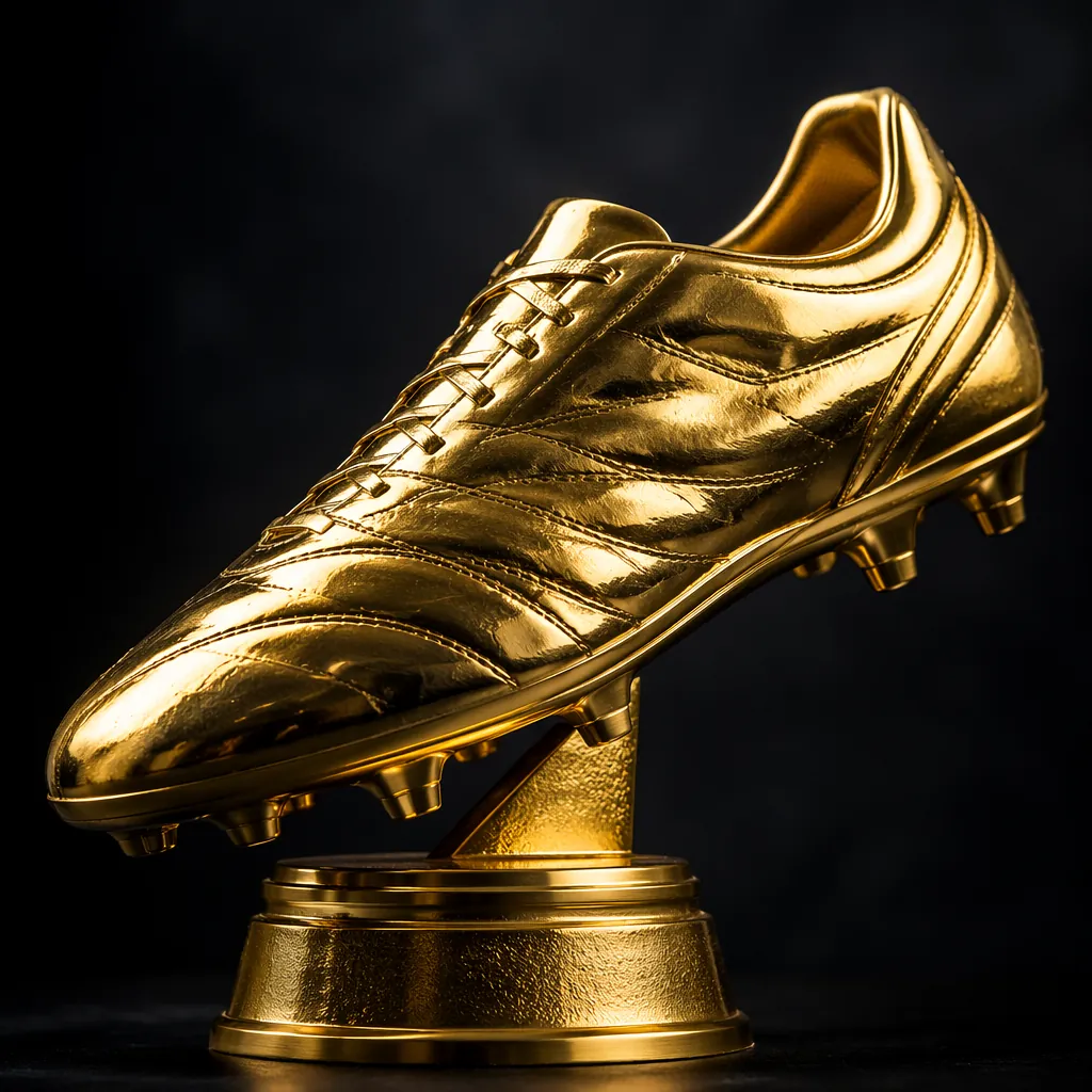 Close up of a golden football boot trophy on a dark background, soft lighting, n