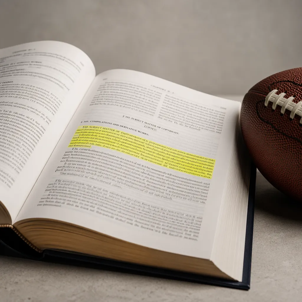 Law book with copyright section highlighted, small football placed on the side,
