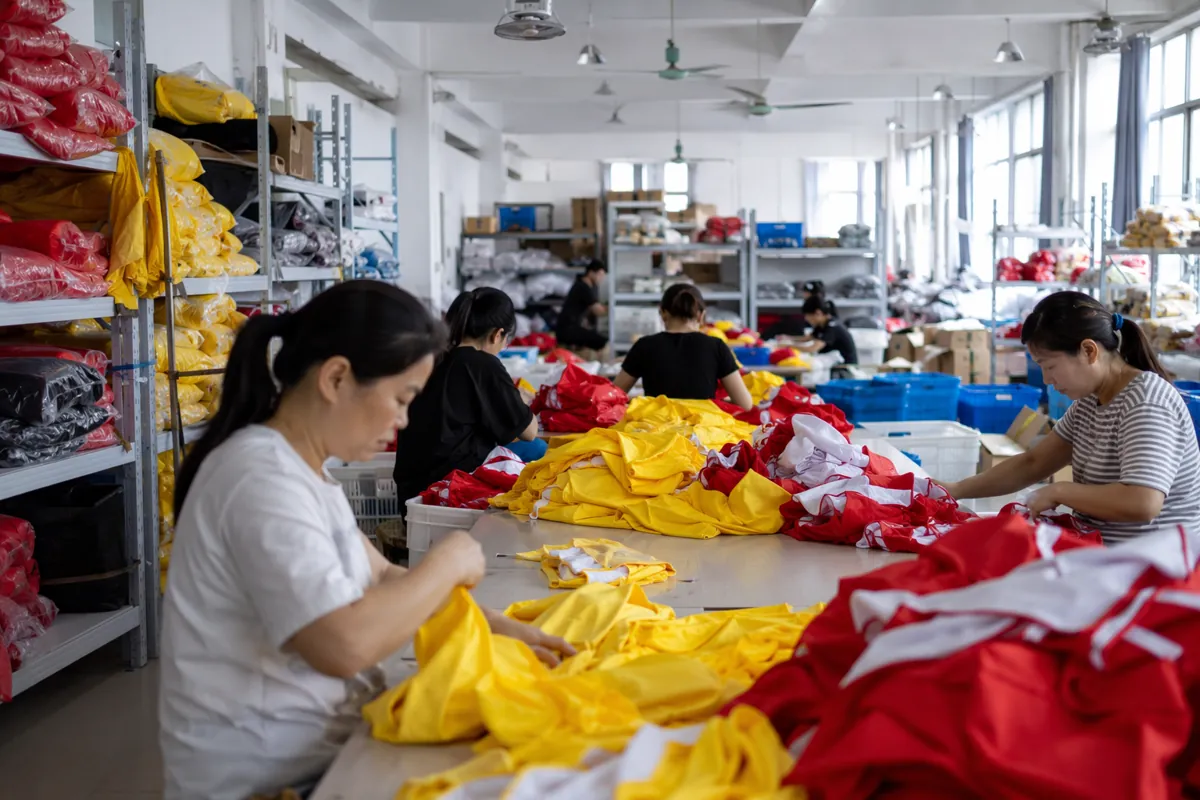 A busy production workshop in Yiwu, China, workers sorting piles of colorful unbranded foo
