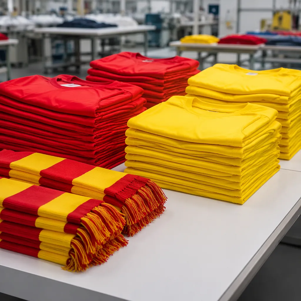 Stacks of unbranded red and yellow football t-shirts and scarves placed on a cle