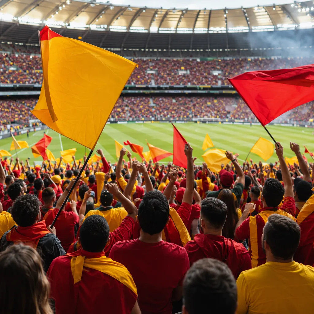 Group of generic football fans cheering in a stadium, wearing red and yellow clo