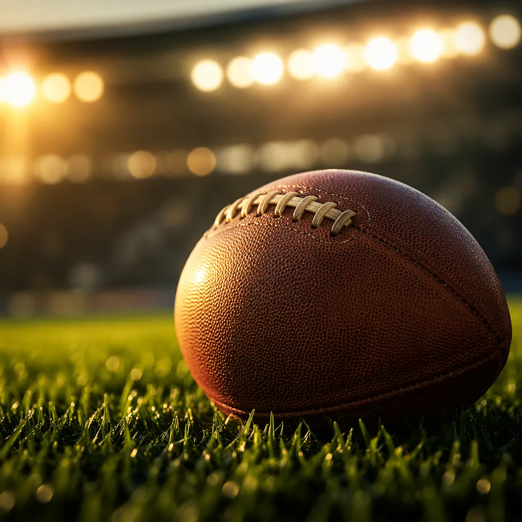 Close up shot of a football on a green grass pitch with blurred stadium lights i